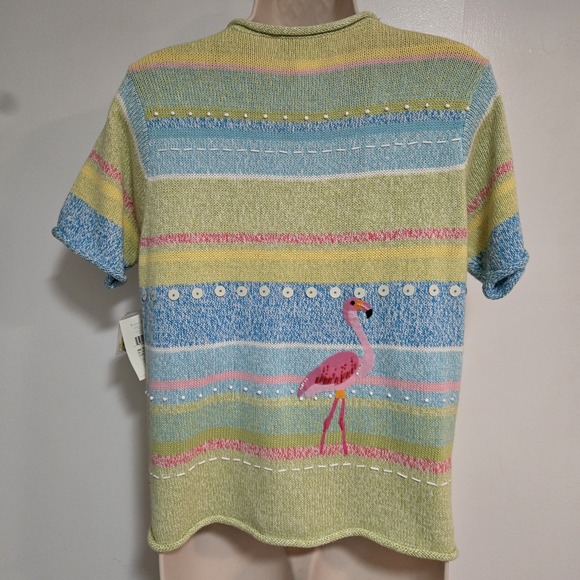 Susan Bristol Size S Short Sleeve Sweater Cardigan‎ Beaded Flamingos 2001 NEW - Picture 3 of 8